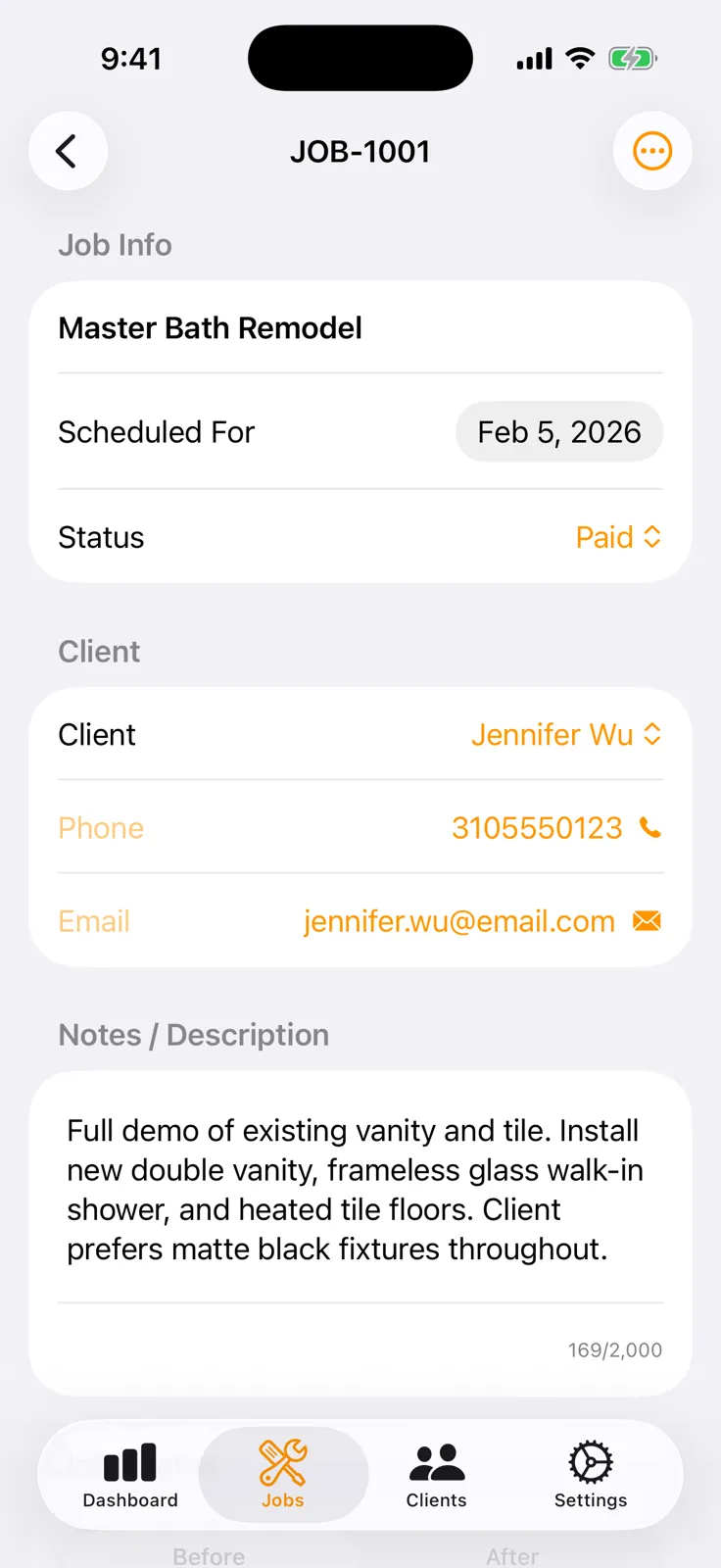 Job detail screen with schedule, client info, notes, and payment status in FieldDeck.