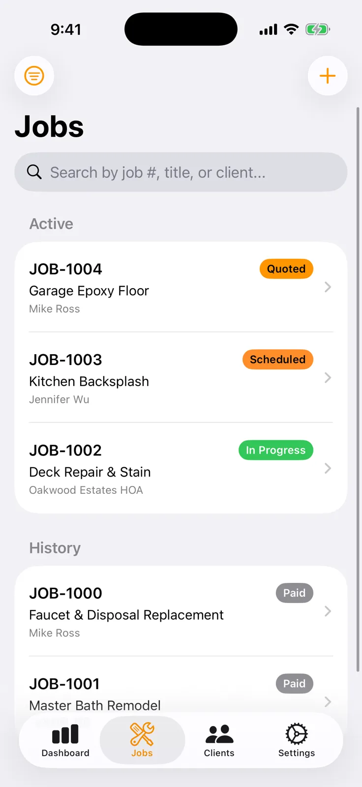 Organizational view of active construction and landscaping jobs tracked inside the FieldDeck mobile app.