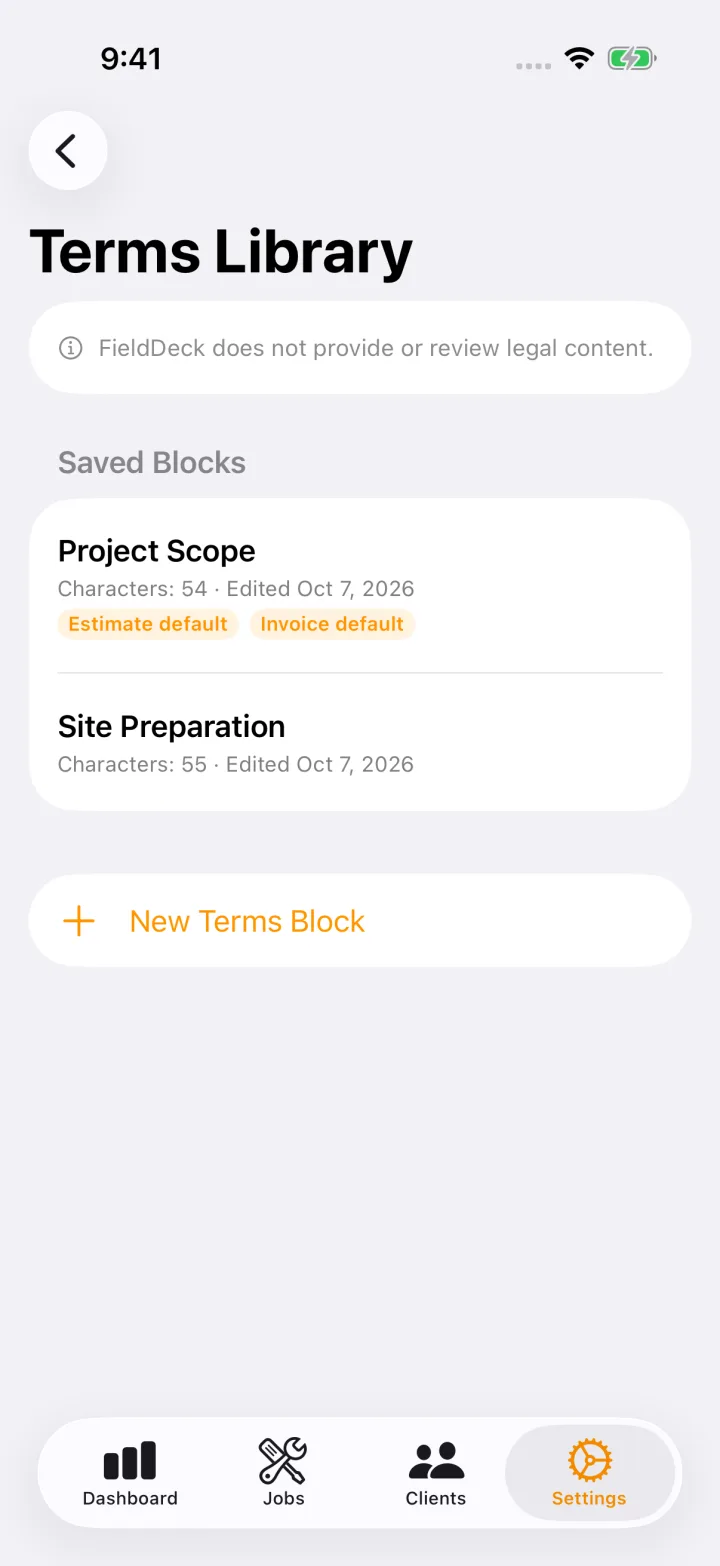 FieldDeck Terms Library with reusable custom Terms blocks.