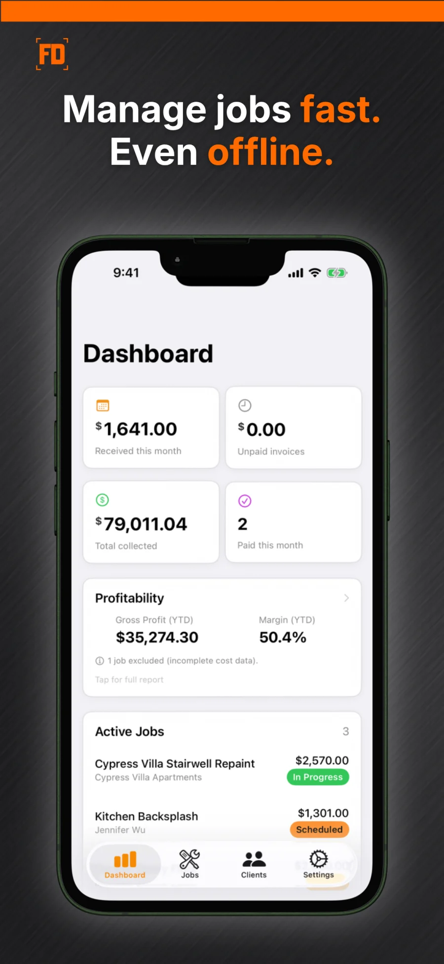 FieldDeck dashboard showing payments received this month, active jobs, and profitability.