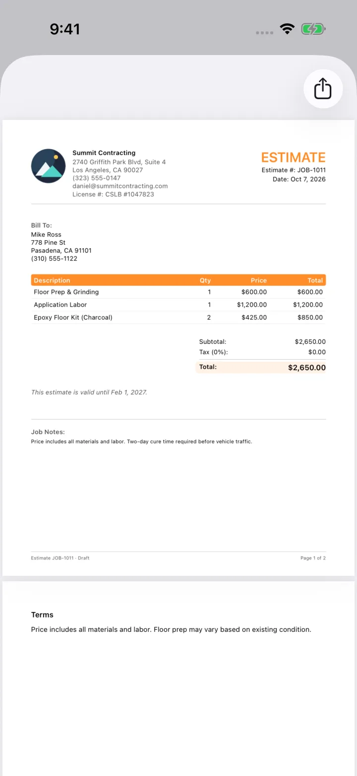 Itemized FieldDeck job estimate preview with labor and material line items.