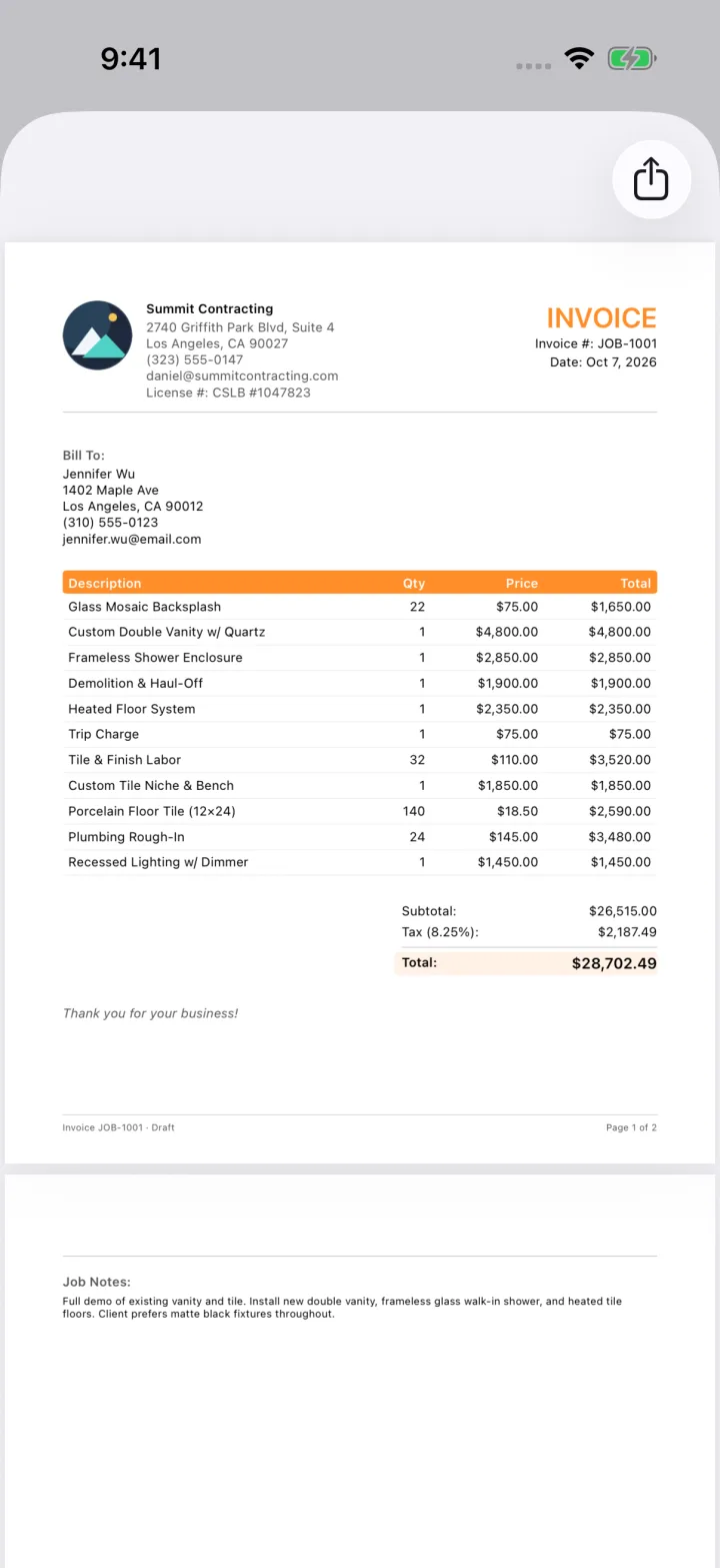 FieldDeck invoice PDF preview showing job charges.