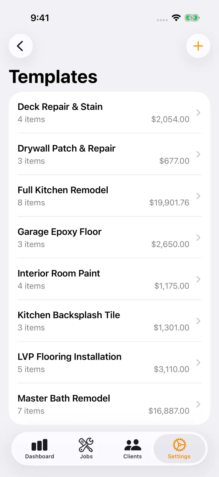 FieldDeck reusable job templates list.