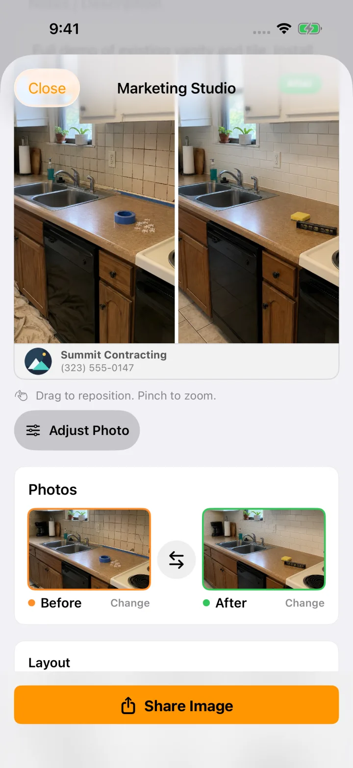 FieldDeck Marketing Studio showing before and after kitchen renovation photos.