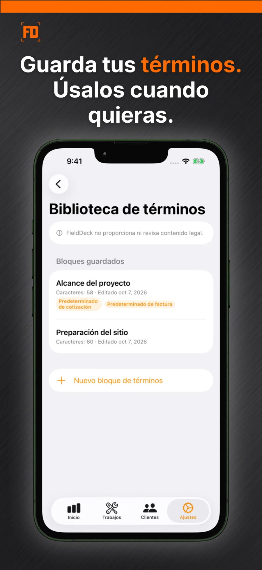 Biblioteca de Términos de FieldDeck con bloques reutilizables escritos por el usuario.