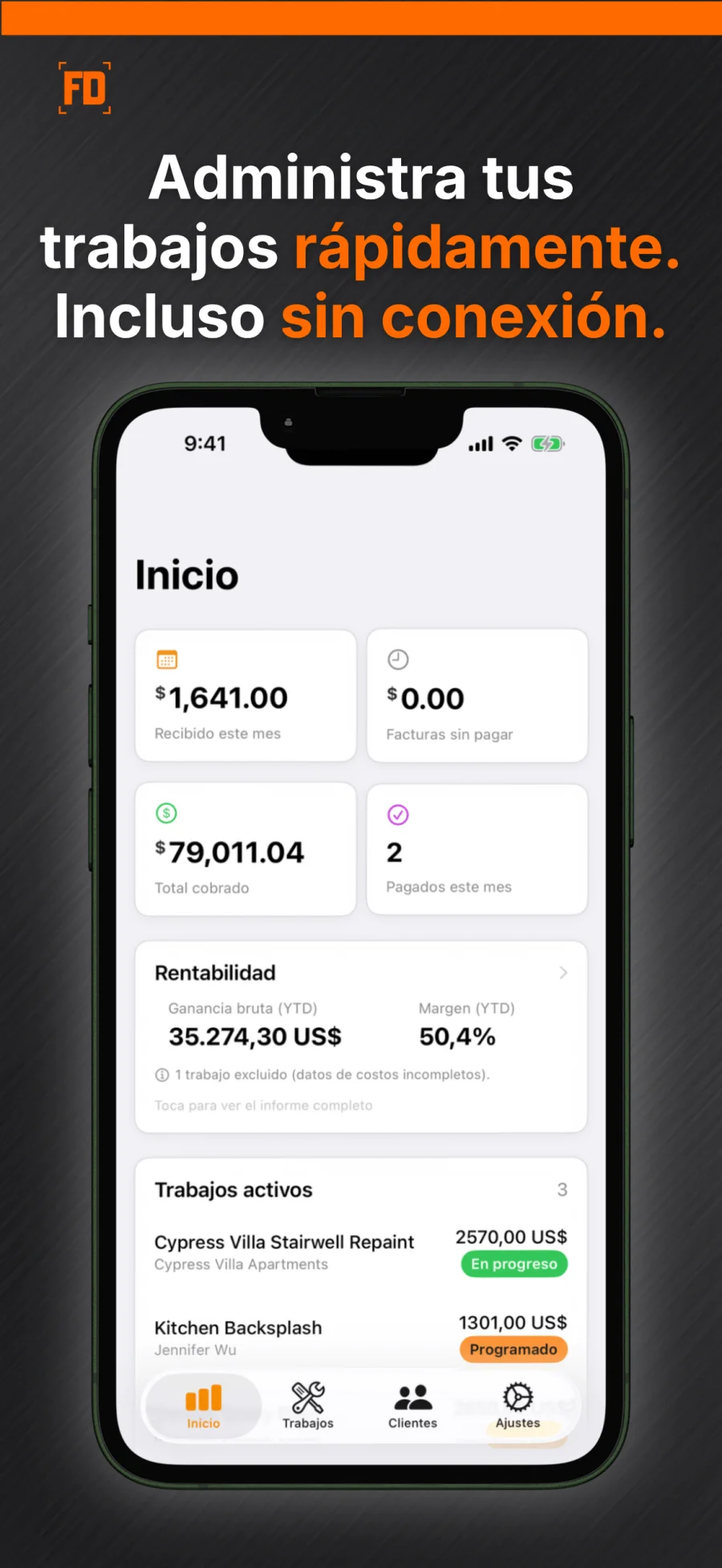 Panel de FieldDeck en español con ingresos del mes, trabajos pagados y rentabilidad acumulada.