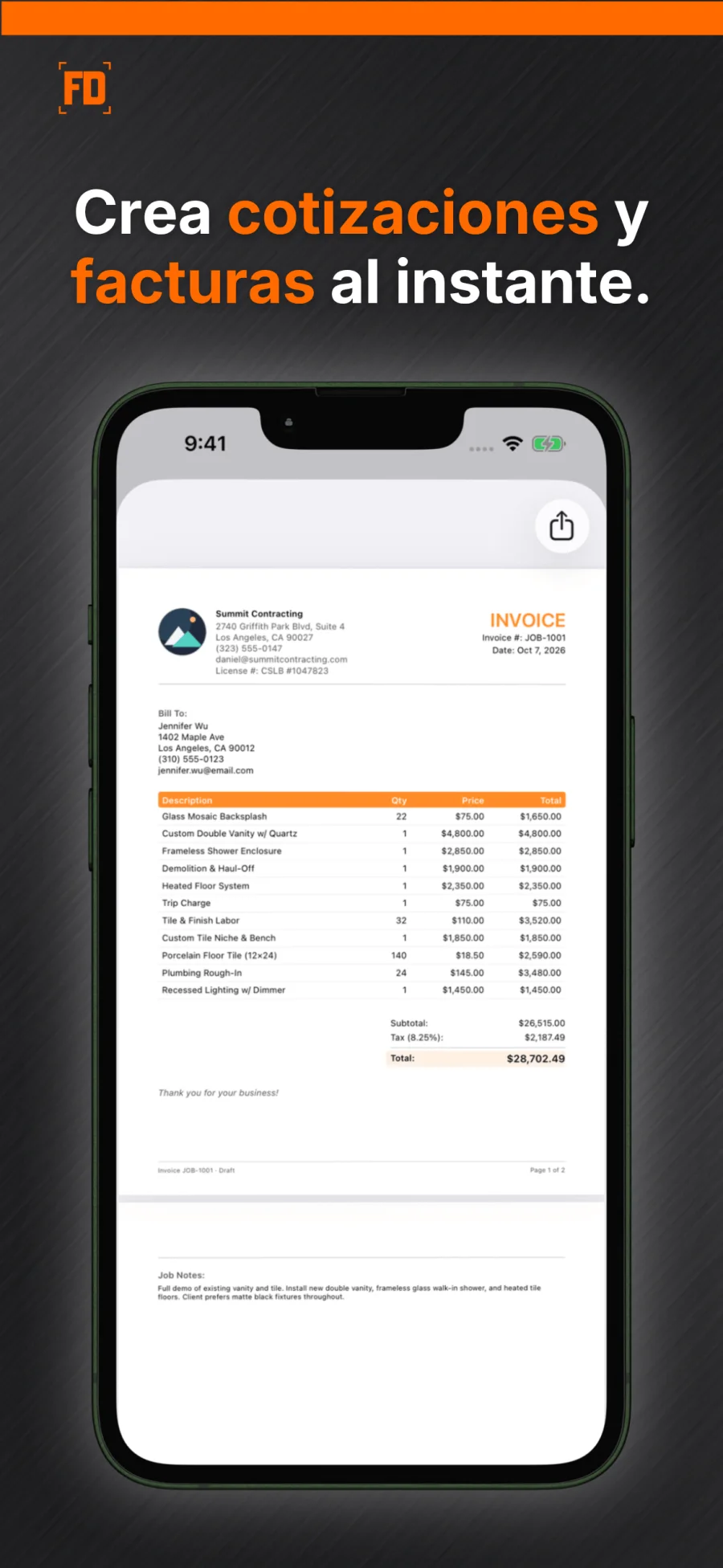 Vista previa de una factura de FieldDeck con conceptos y total del trabajo.