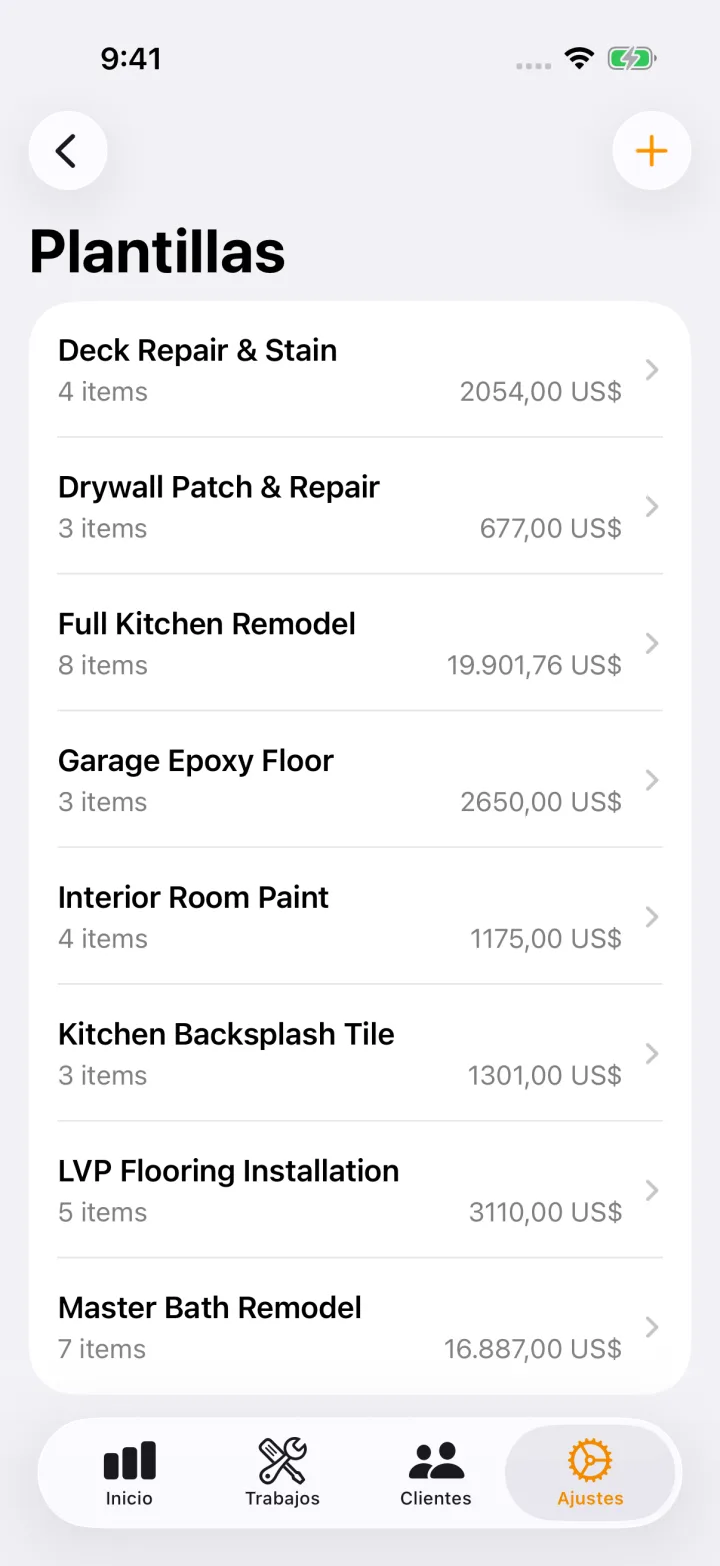 Lista de plantillas de trabajo reutilizables de FieldDeck.