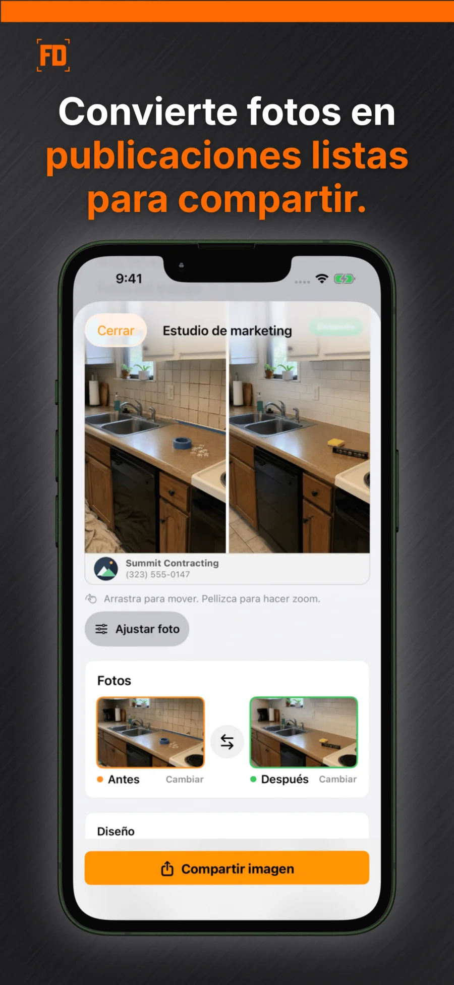 Estudio de Marketing de FieldDeck en español con fotos del antes y después de una cocina.
