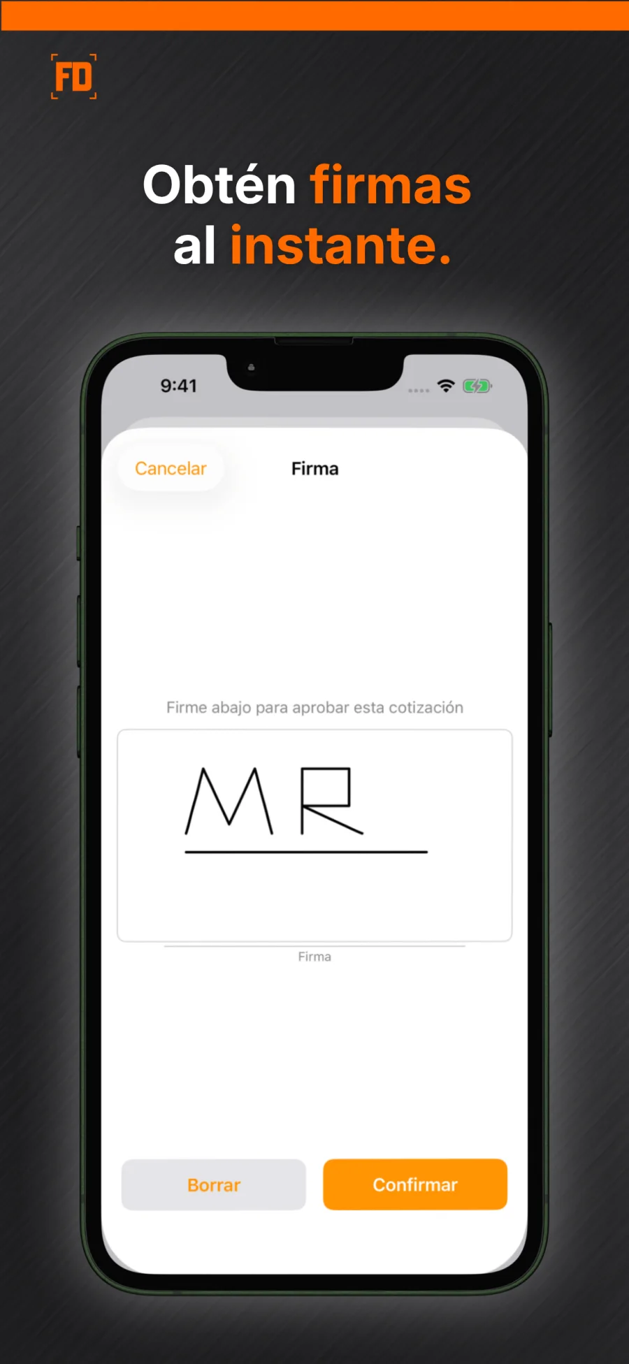 Pantalla de firma de FieldDeck para aprobar una cotización.