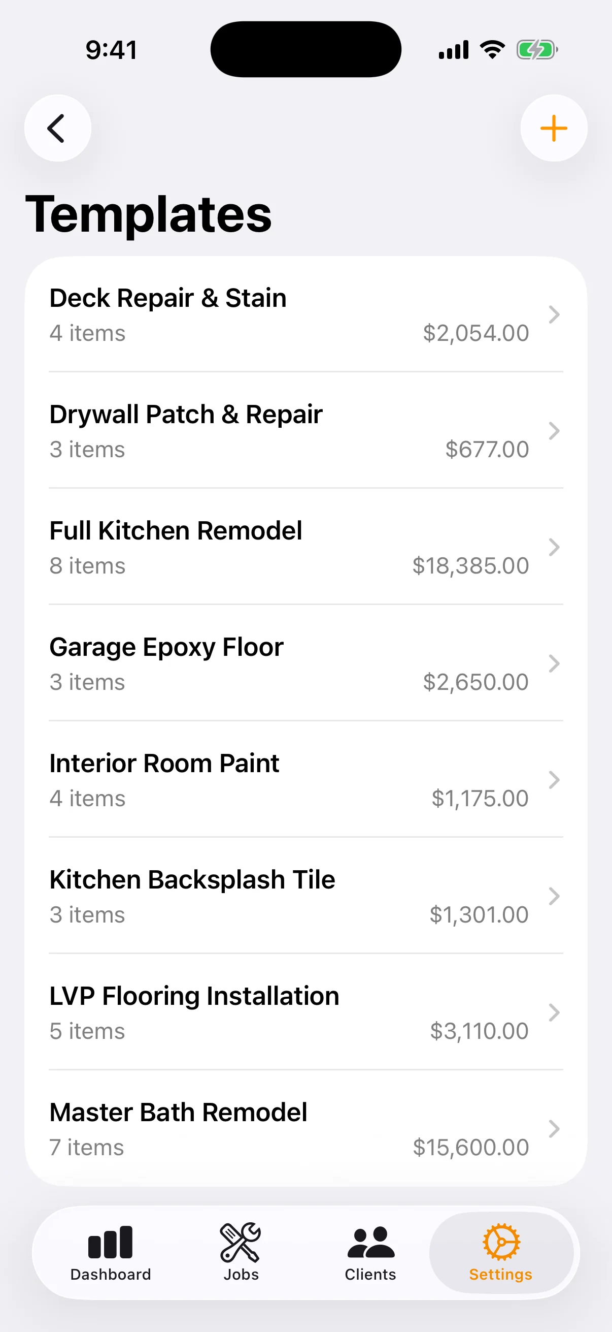 Templates & Item Catalog: Save common jobs as templates and build a reusable catalog of materials, labor rates, and custom items you can add to any job in seconds.