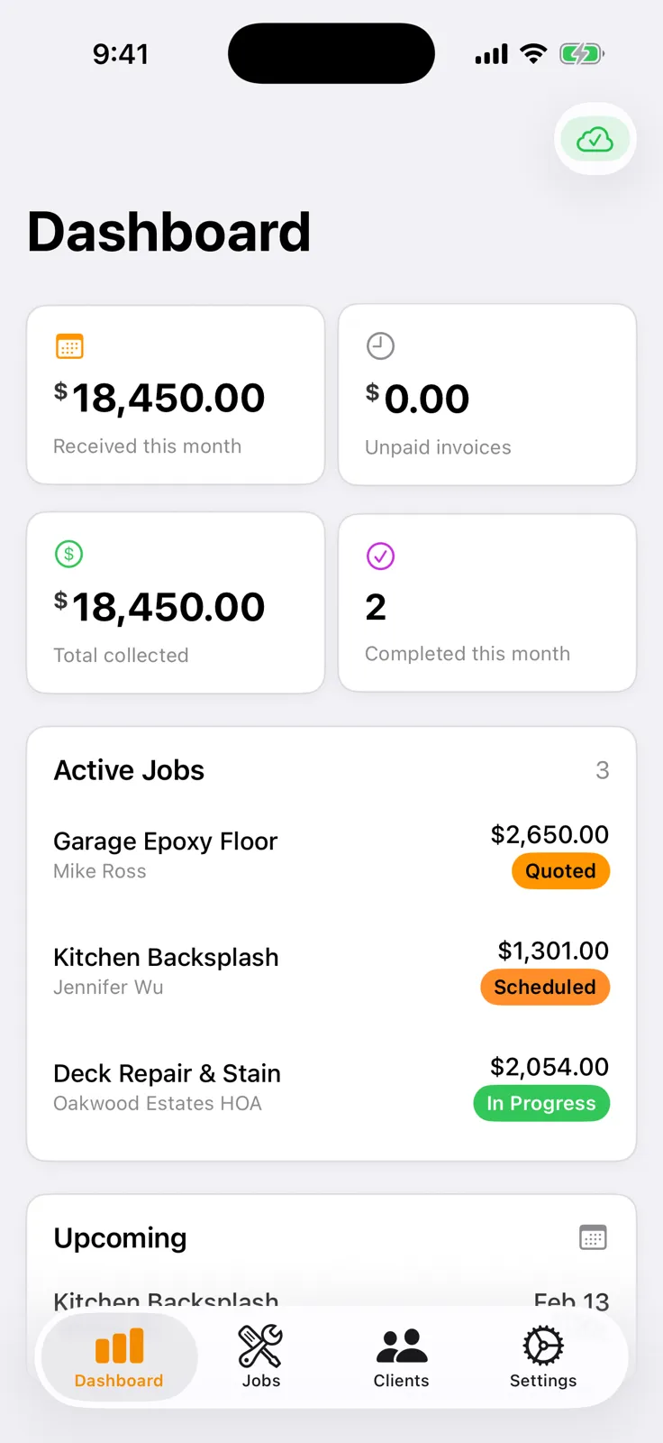 FieldDeck profitability dashboard showing gross profit, margin percentage, and revenue tracking for a contractor.